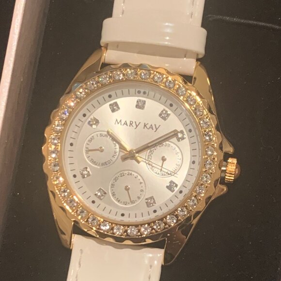 Brand New Mary Kay Adjustable Size White and Gold Bejewelled Watch - Picture 1 of 3